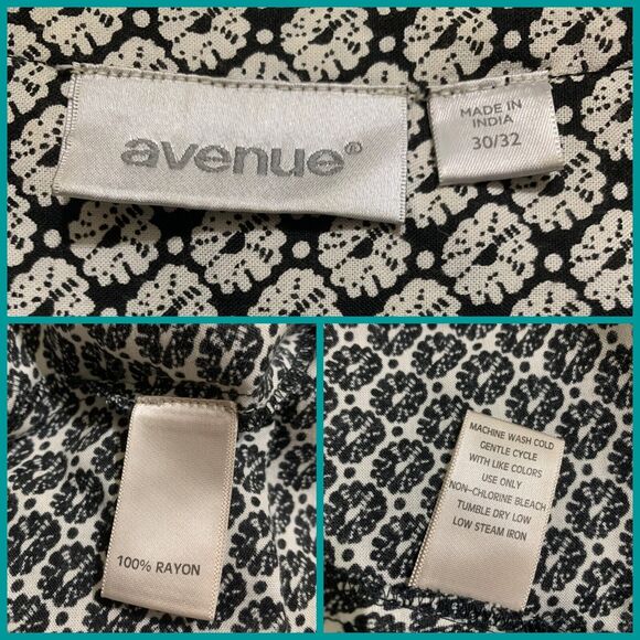 AVENUE Black & White 3/4 Sleeve Collarless Rayon Tunic Top Shirt NWOT Sz 30/32 - Picture 10 of 14